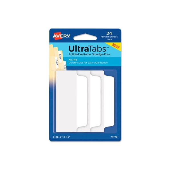 Avery Dennison Avery Ultra Tabs Repositionable Tabs, 3in x 1-1/2in, White, 24/Pack 74776 - main